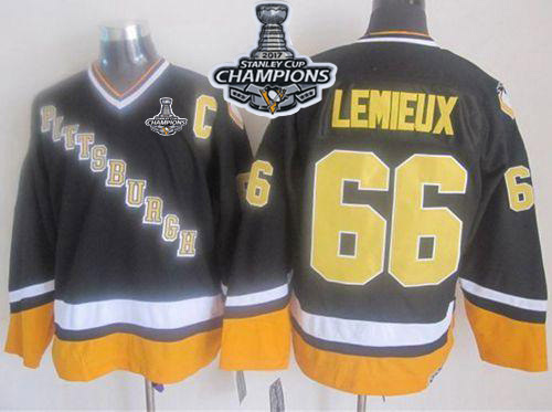 Penguins #66 Mario Lemieux Black/Yellow CCM Throwback Stanley Cup Finals Champions Stitched NHL Jersey - Click Image to Close